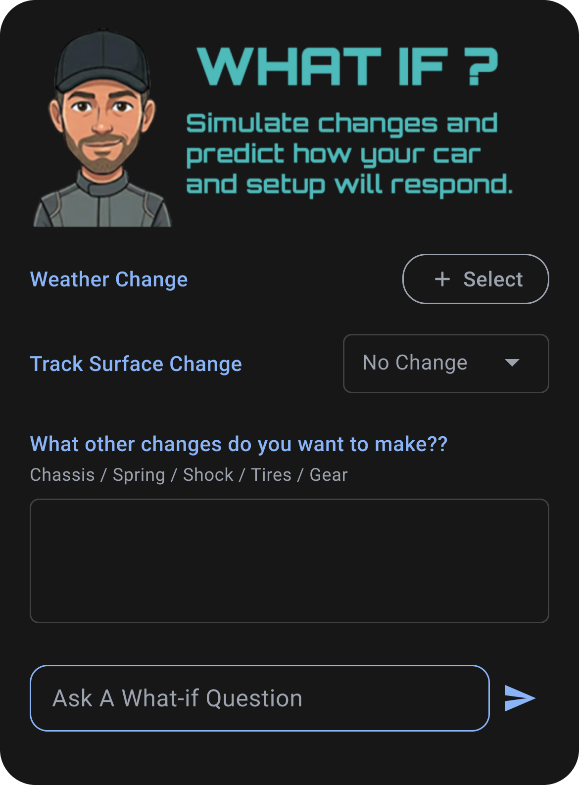 What If? screen with weather, track surface and other changes, and the Ask A What-if Question box