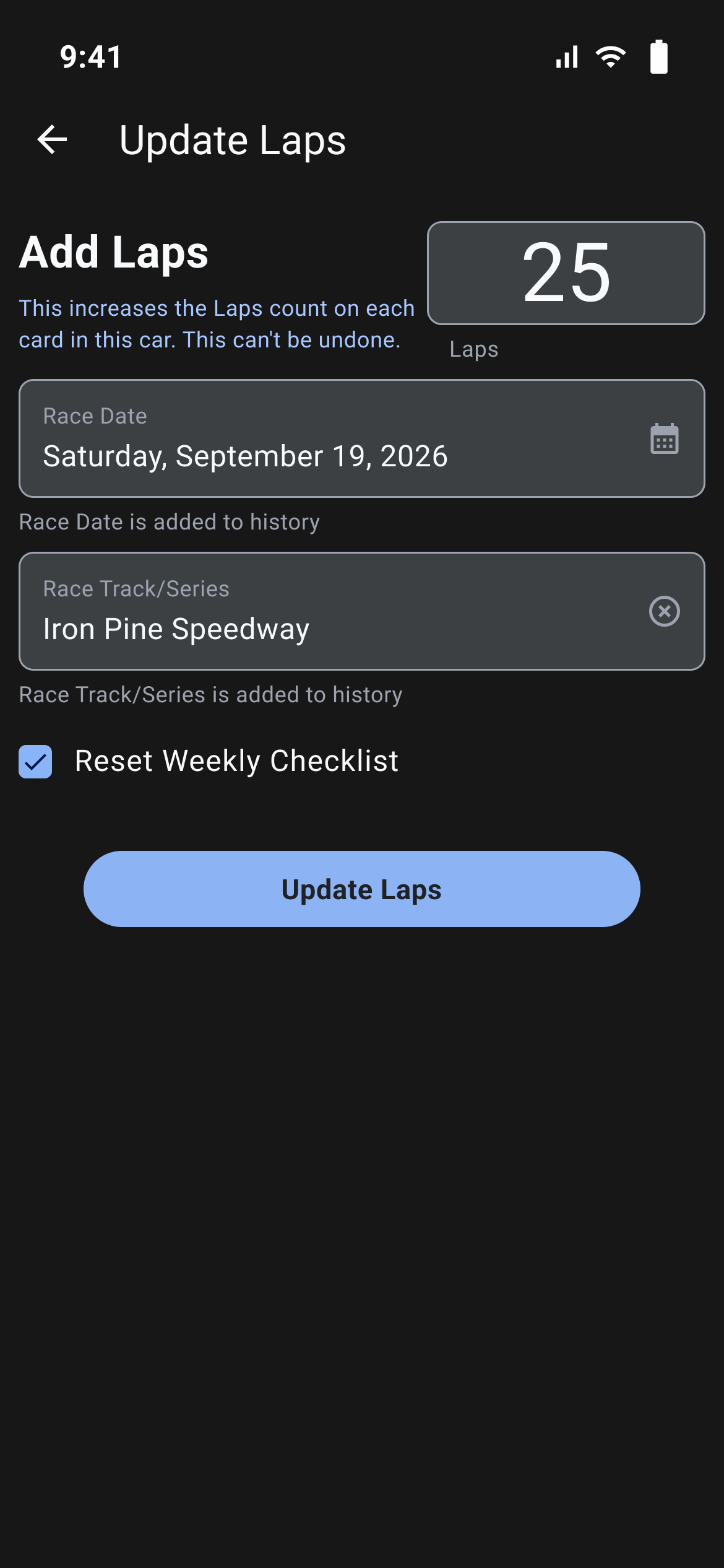 Update Laps with 25 laps, race date and track