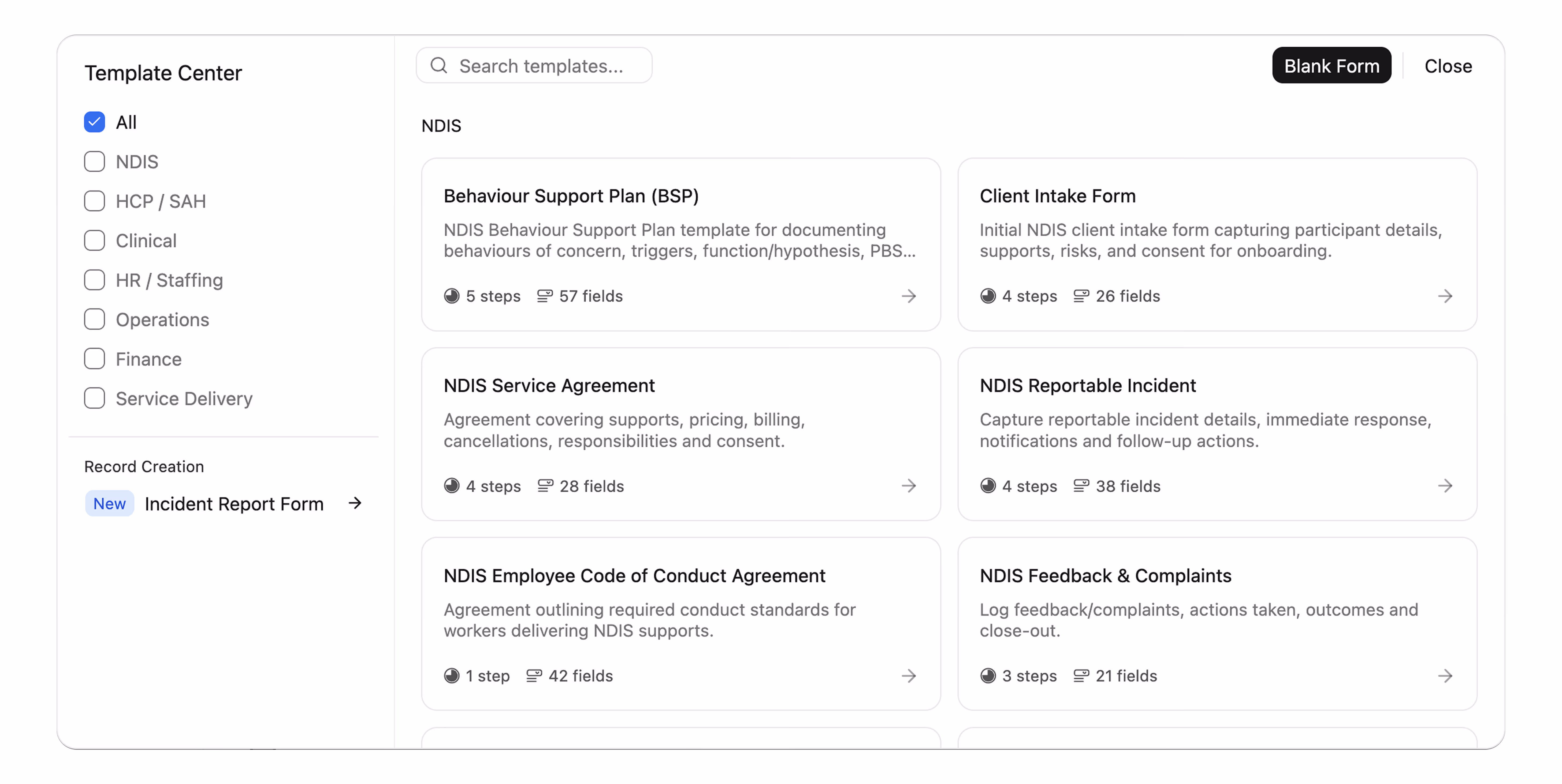 Template Center interface with NDIS forms and filters for form categories and record creation.
