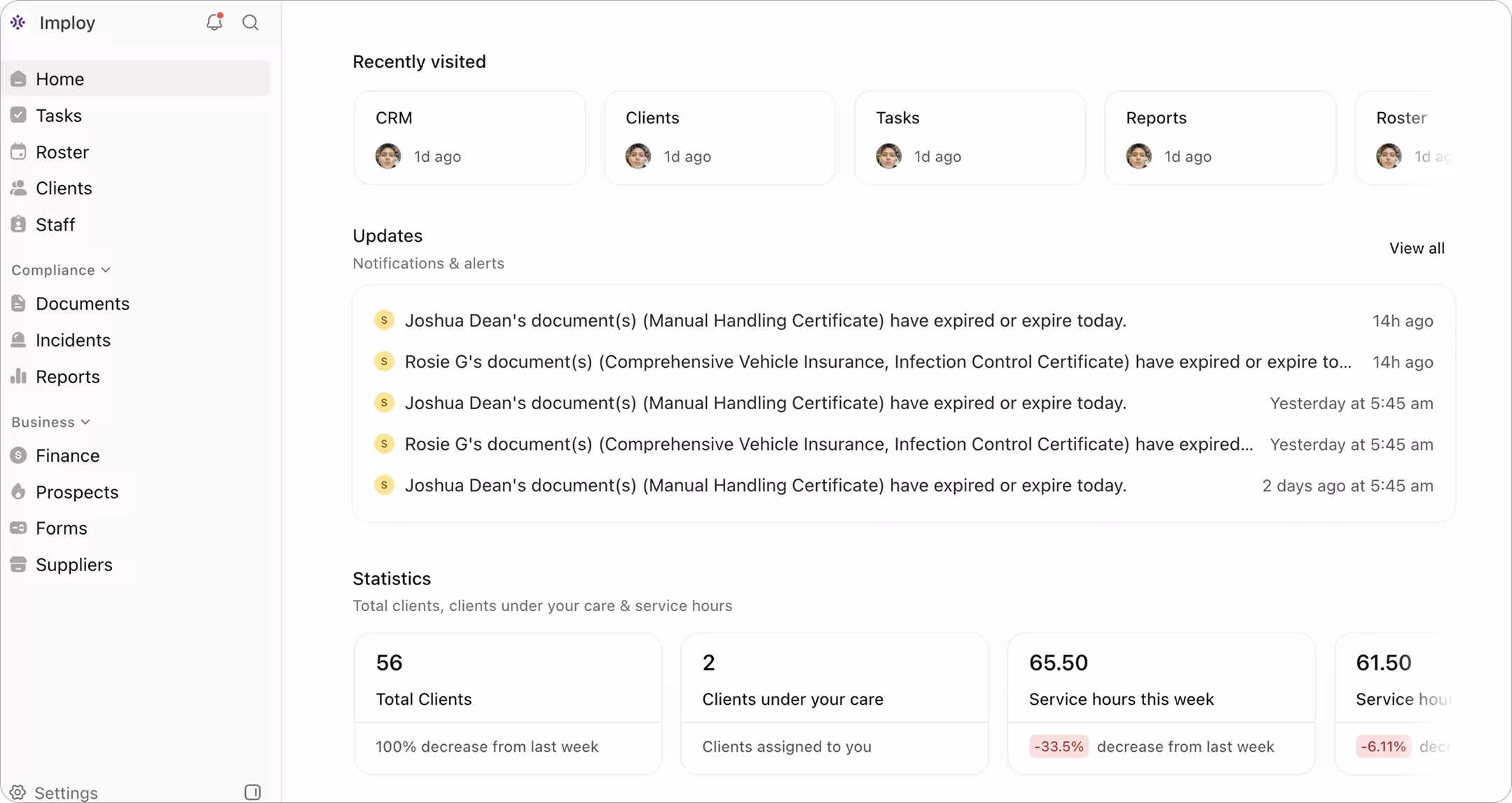 Imploy dashboard with recent updates and document expiry alerts