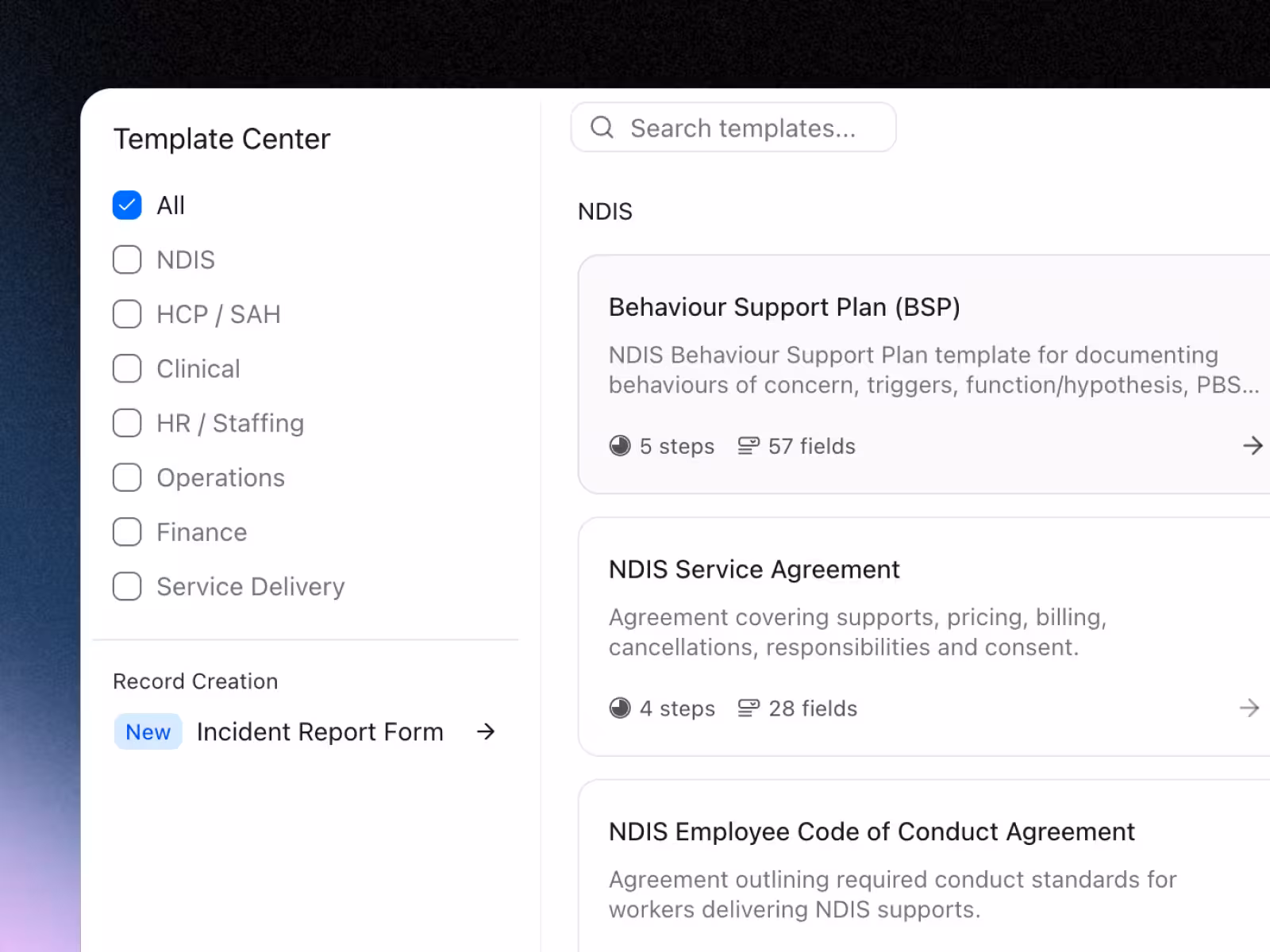 Imploy template center listing NDIS form templates