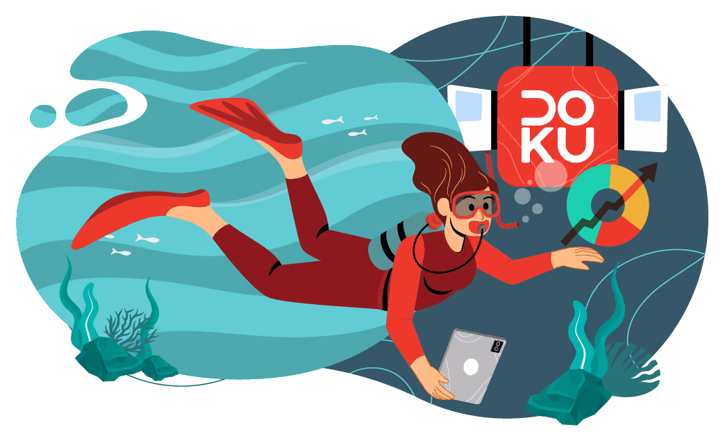 Ilustrasi penyelam wanita memegang tablet menyelam di bawah laut dengan grafik naik dan logo DOKU.