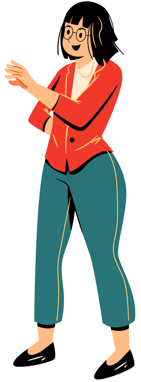 Ilustrasi wanita dengan kacamata, baju merah, dan celana hijau berdiri sambil mengulurkan tangan kiri.