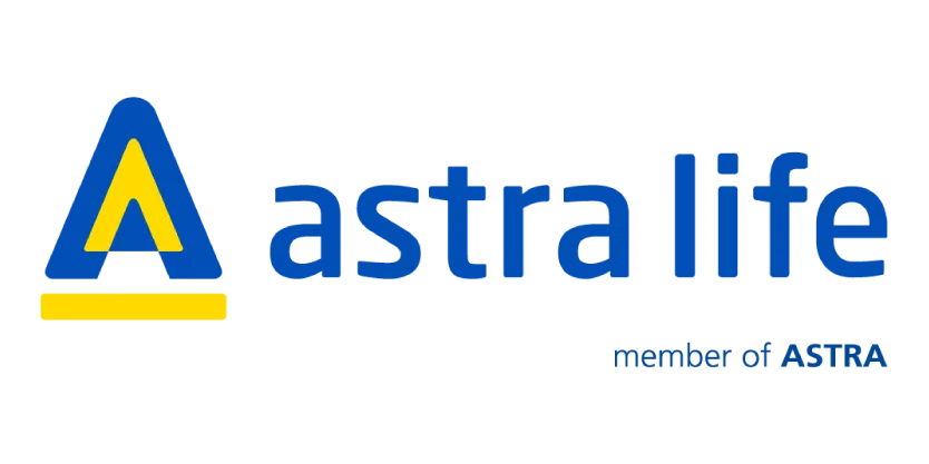 Logo Astra Life dengan ikon segitiga biru dan kuning dan teks biru.