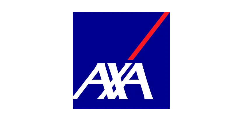 Logo AXA berwarna putih di latar belakang biru dengan garis merah diagonal atas kanan.