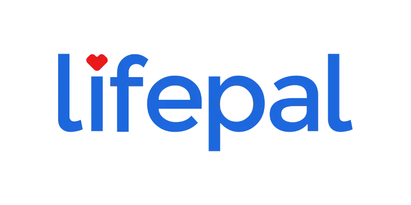 Logo Lifepal dengan huruf biru dan hati merah di atas huruf i.