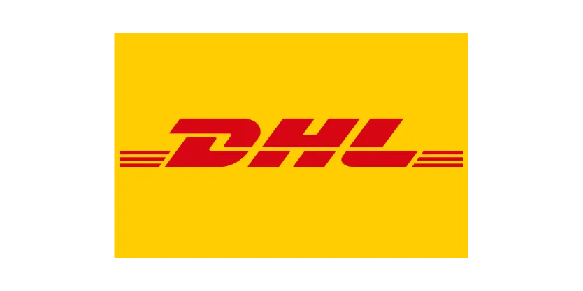 Logo DHL berwarna merah dengan latar belakang kuning.