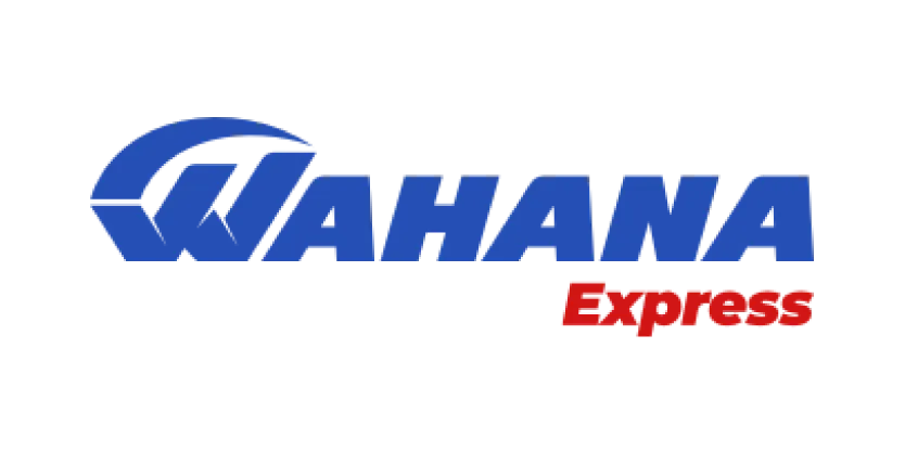 Logo Wahana Express dengan teks biru dan merah pada latar belakang hitam.