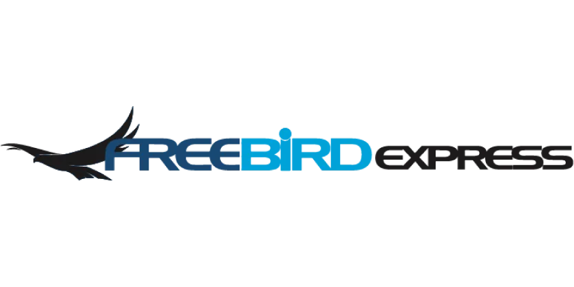 Logo burung bebas berwarna biru dan hitam dengan teks 'Freebird Express'.