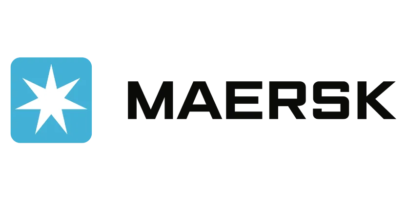 Logo Maersk dengan bintang putih berlengan delapan di latar belakang biru.