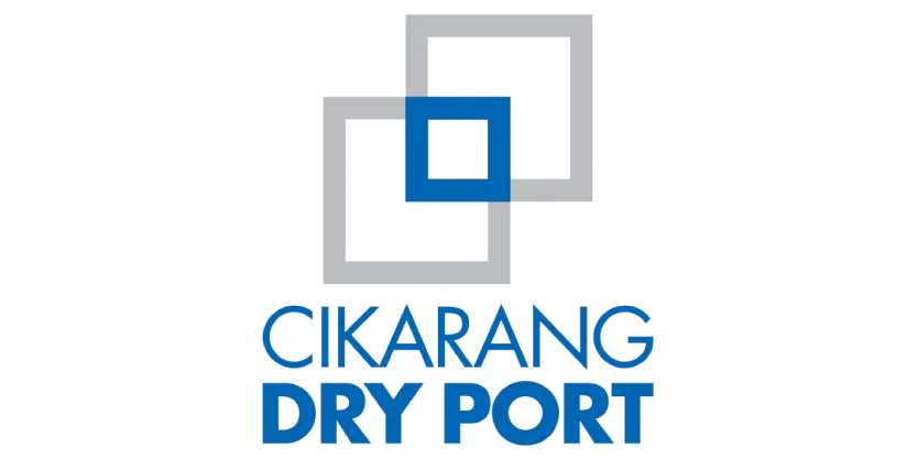 Logo Cikarang Dry Port dengan dua kotak saling tumpang tindih berwarna biru dan abu-abu.