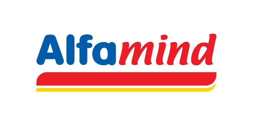 Logo Alfamind dengan teks biru dan merah serta garis merah dan kuning di bawahnya.