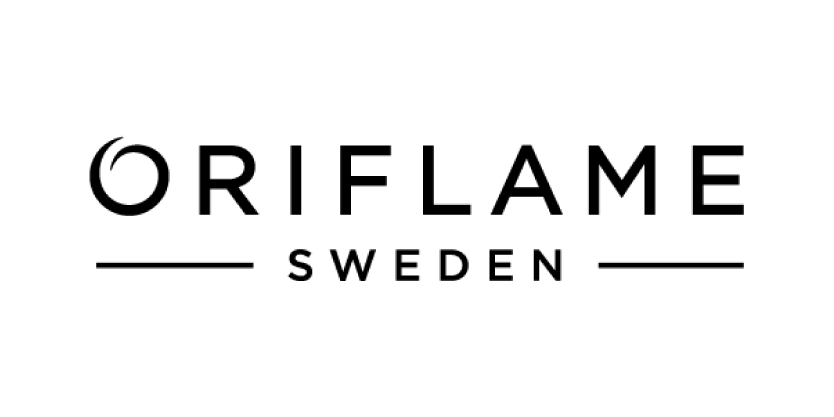 Logo Oriflame berwarna hitam dengan tipografi unik pada latar belakang putih.