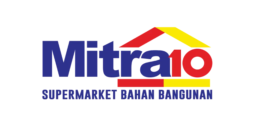 Logo Mitra10 dengan gambar atap rumah dan teks Supermarket Bahan Bangunan.