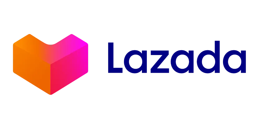Logo Lazada dengan bentuk hati berwarna oranye dan pink di samping teks biru.