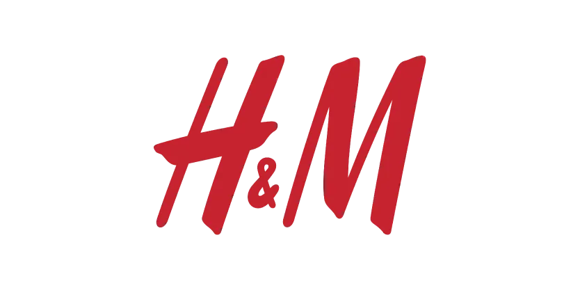 Logo H&M dengan huruf merah di latar belakang hitam.