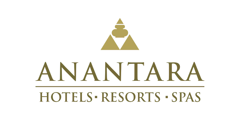 Logo Anantara Hotels Resorts Spas with golden triangle symbol above text on black background.