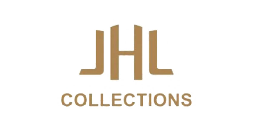 Logo JHL Collections dengan teks berwarna coklat pada latar belakang hitam dan putih.