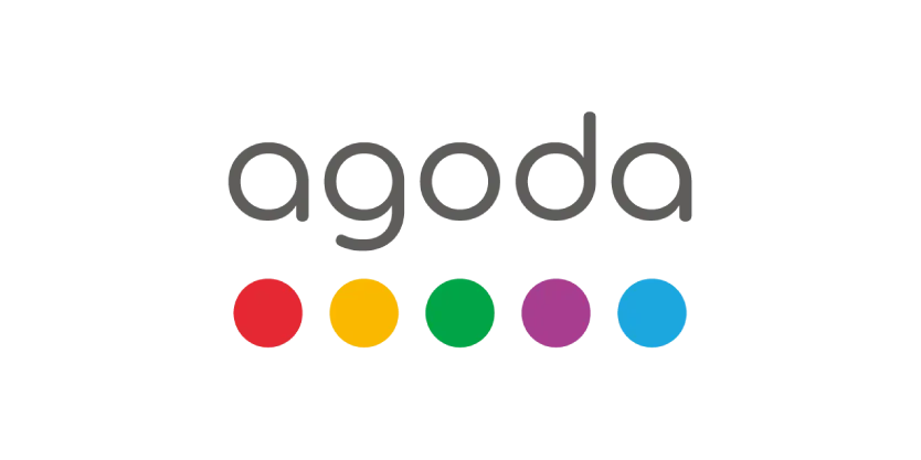 Logo agoda dengan lima titik warna merah, kuning, hijau, ungu, dan biru di bawahnya.