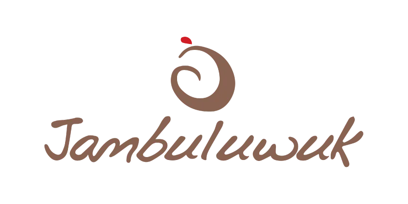 Logo tulisan Jambuluwuk dengan desain ikon spiral dan titik merah di atasnya.