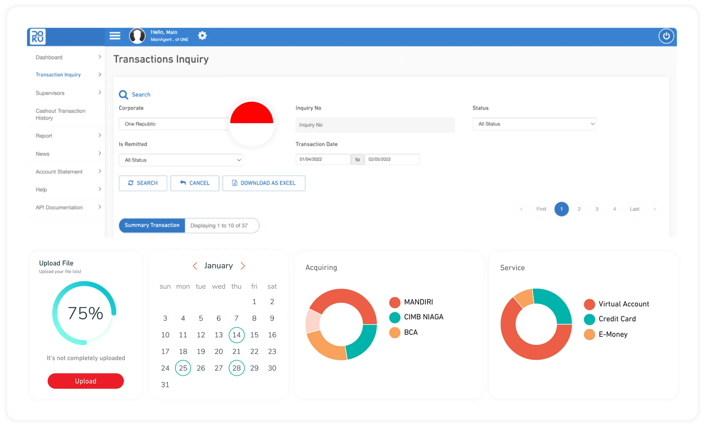 Dashboard of transaction inquiry showing search fields, upload progress, calendar, and pie charts for acquiring and service.
