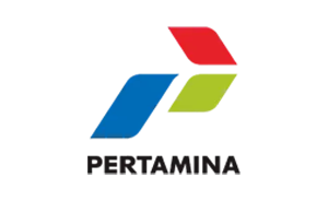 Logo Pertamina dengan simbol warna merah, hijau, dan biru pada latar belakang hitam.