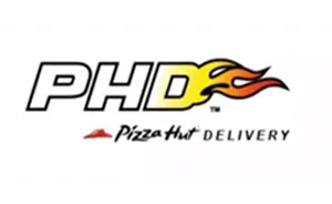 Logo PHD dengan huruf D yang menyala dan tulisan Pizza Hut Delivery di bawahnya.