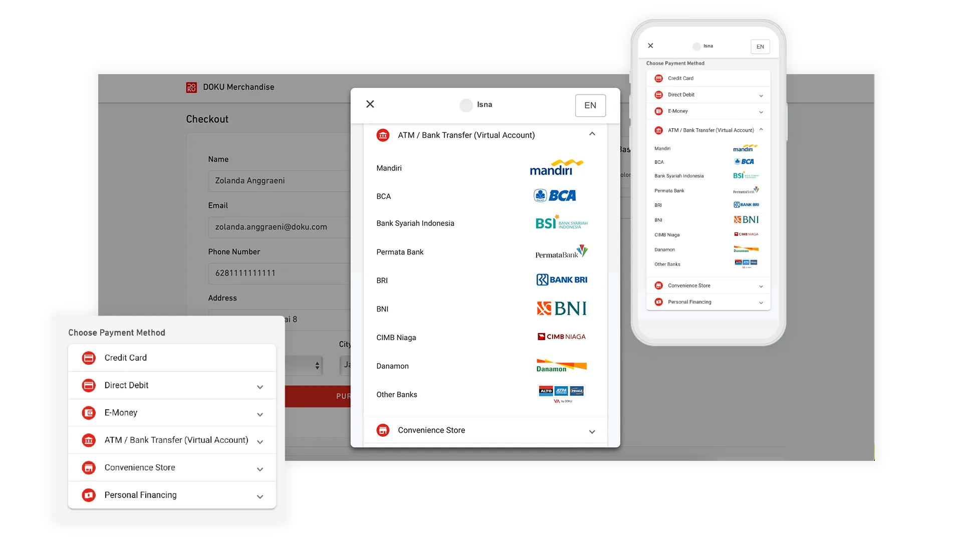 Antarmuka checkout DOKU menampilkan metode pembayaran seperti kartu, transfer bank virtual, dan e-money.