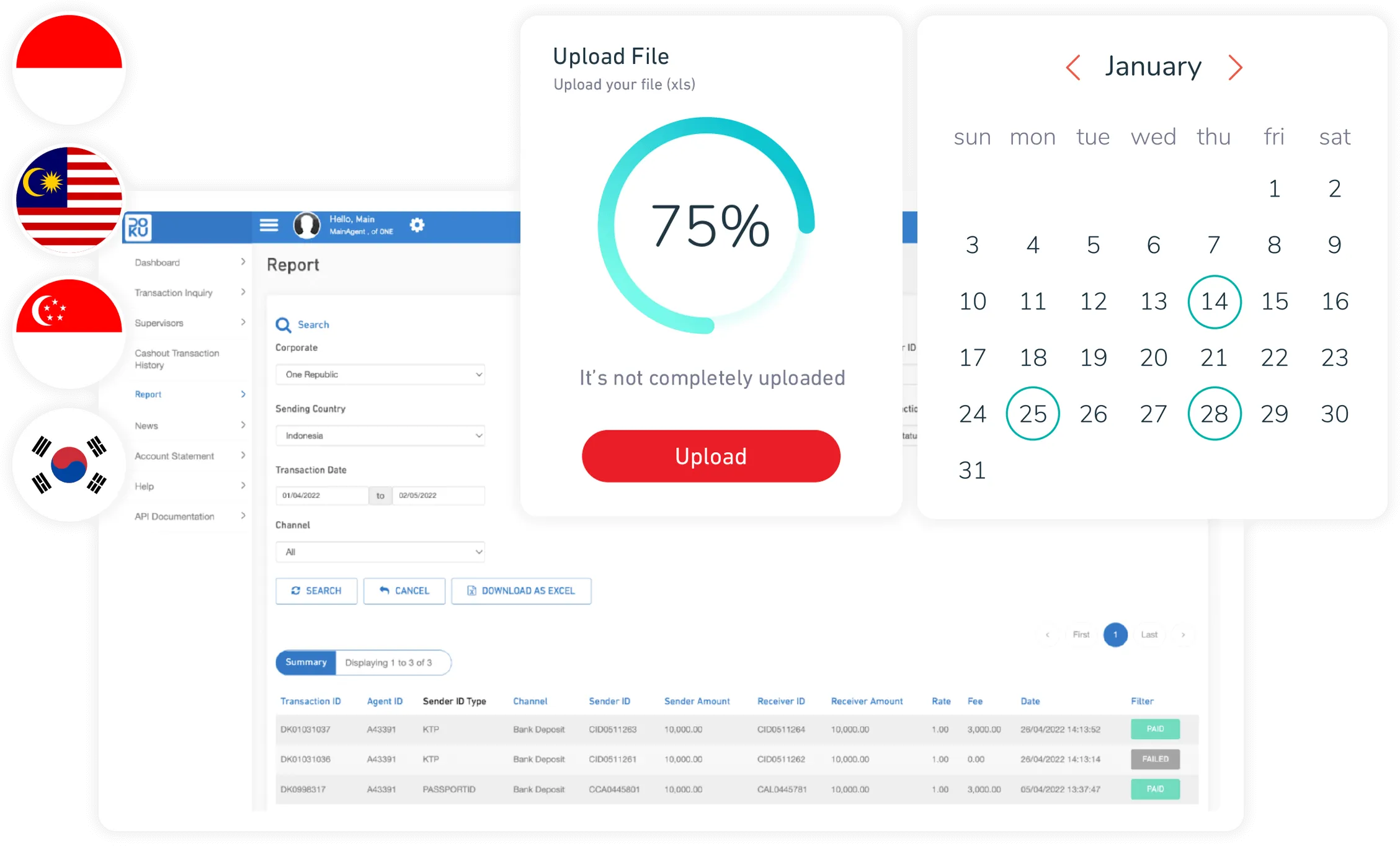 Antarmuka pelaporan transaksi uang dengan unggahan file 75% lengkap dan kalender Januari.