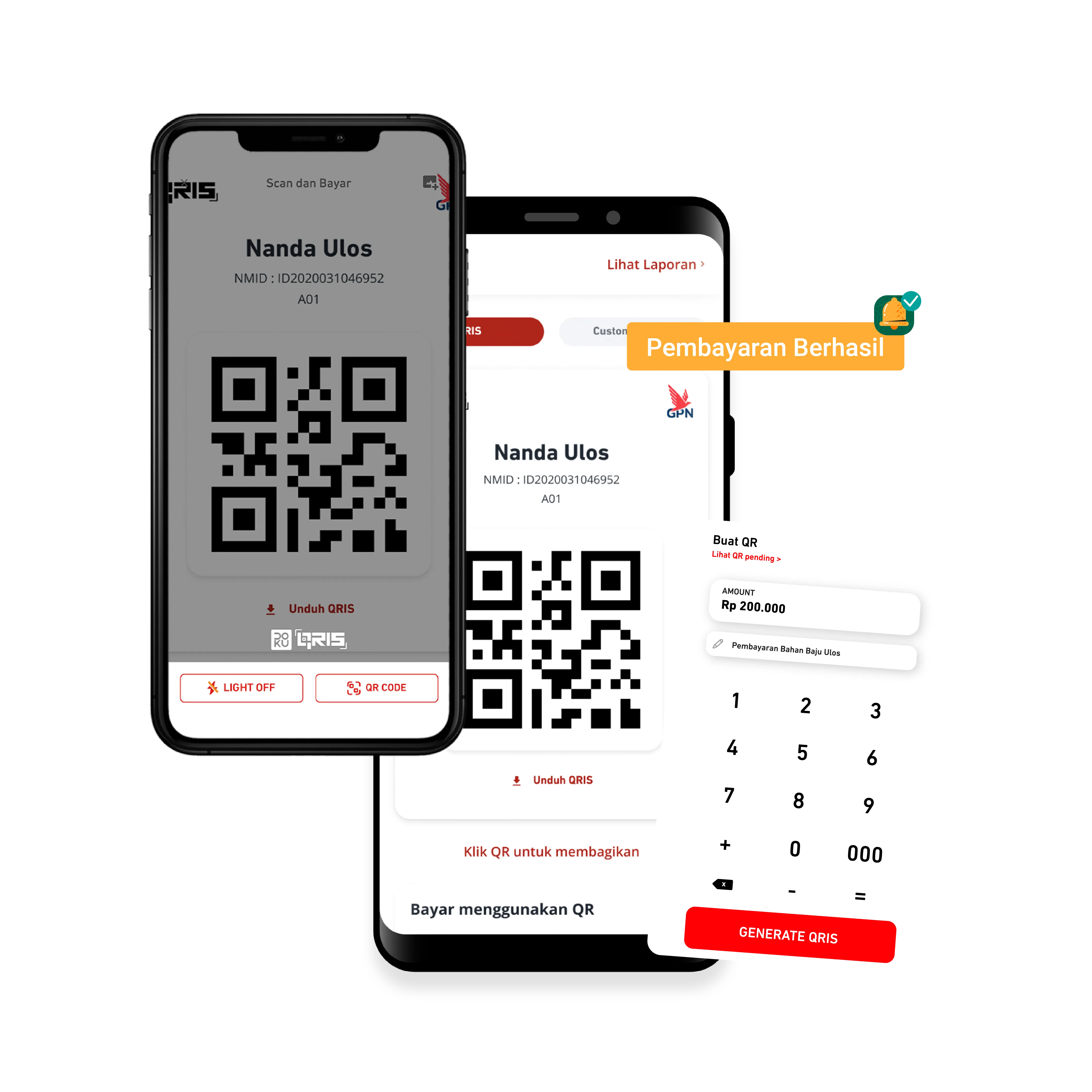 Antarmuka aplikasi pembayaran QRIS menunjukkan QR code, nama Nanda Ulos, dan pesan Pembayaran Berhasil.