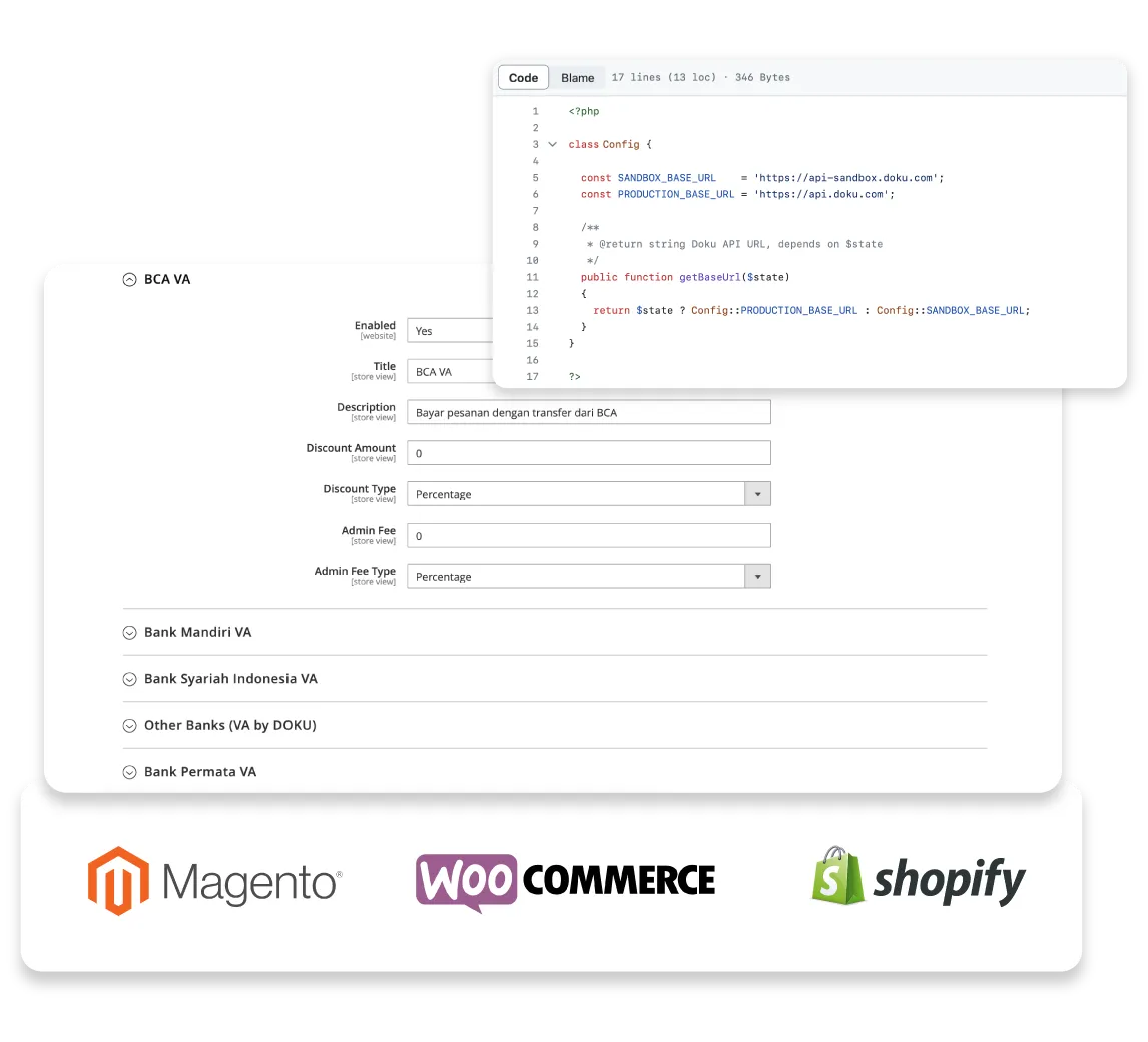 Kode PHP untuk konfigurasi URL API Doku dan pengaturan virtual account bank dengan deskripsi pembayaran.