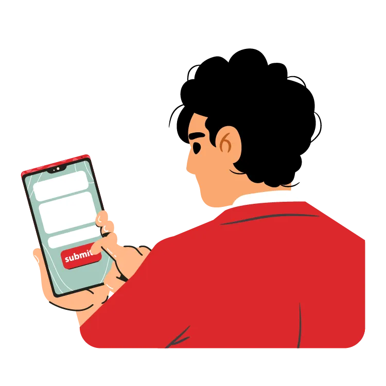 Orang menggunakan ponsel menekan tombol submit di layar formulir aplikasi.