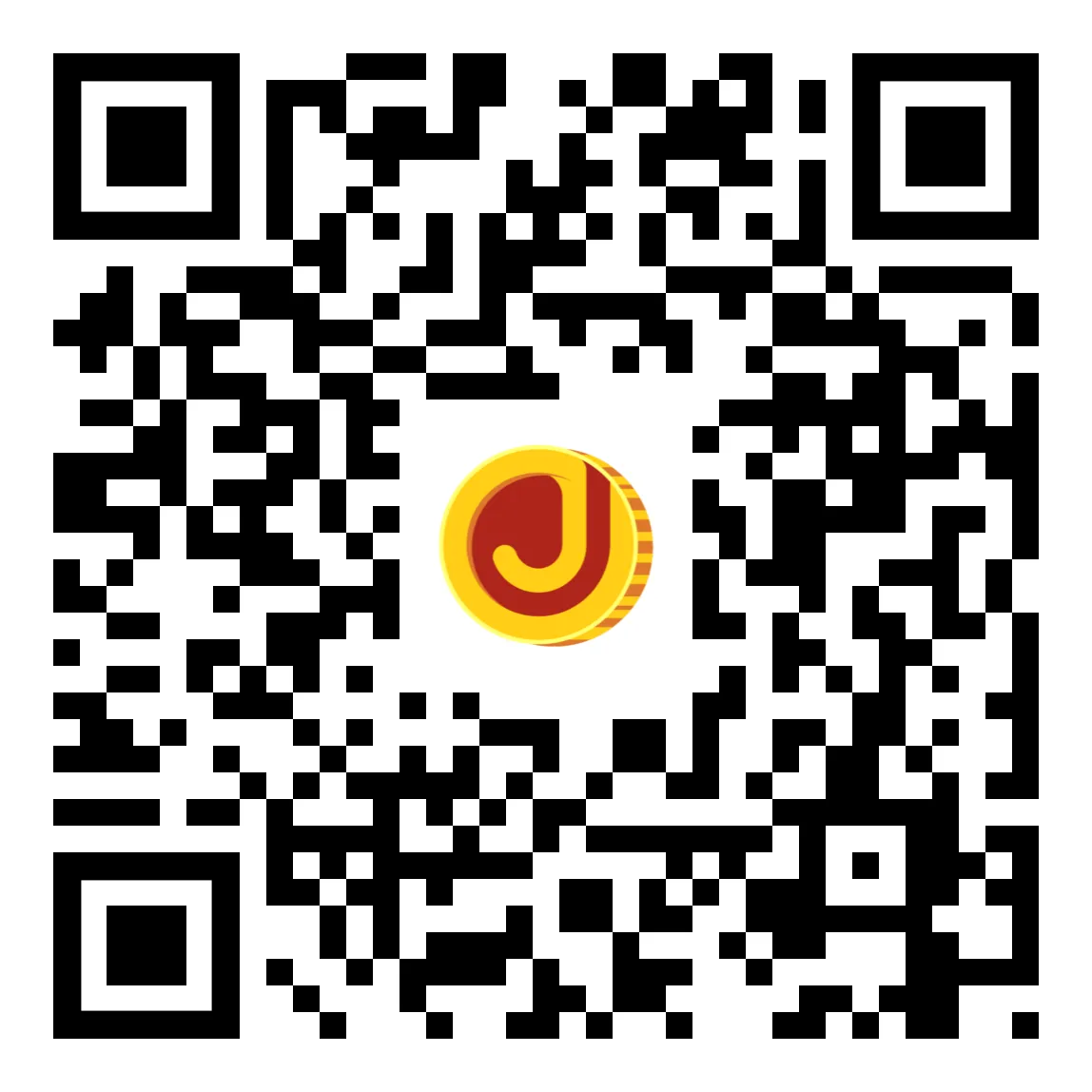 Kode QR hitam putih dengan logo koin merah dan kuning bertuliskan huruf J di tengah.