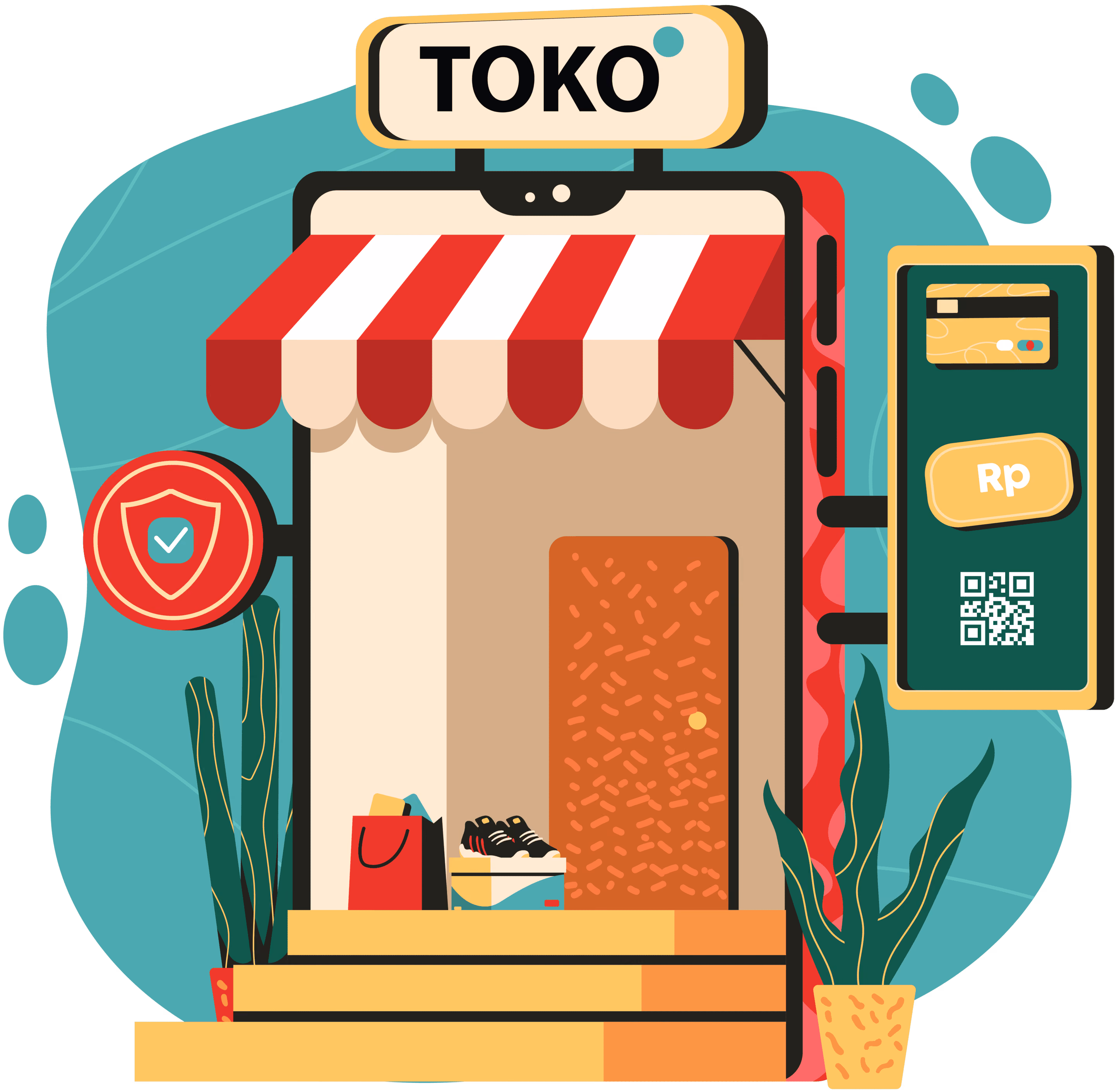 Ilustrasi toko online dengan tanda keamanan, metode pembayaran, dan tas belanja.