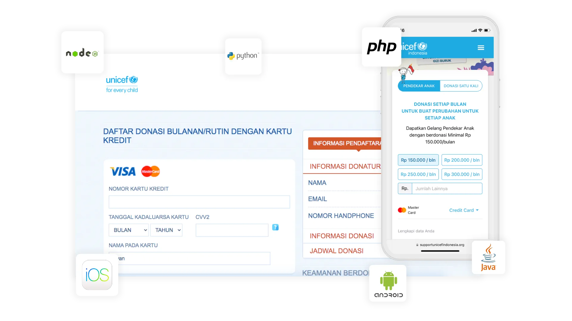 Formulir donasi bulanan dengan kartu kredit dan pilihan donasi di ponsel untuk UNICEF Indonesia.