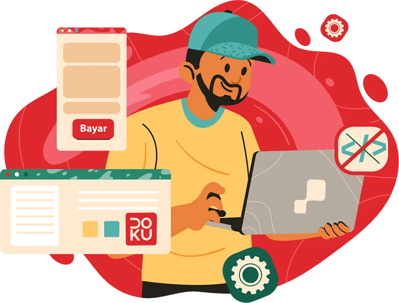Ilustrasi pria memakai topi hijau menggunakan laptop dengan ikon pembayaran online dan pengaturan.