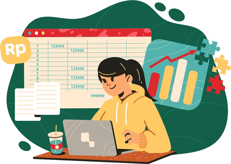 Ilustrasi wanita bekerja dengan laptop di meja, latar belakang grafik dan tabel angka keuangan.