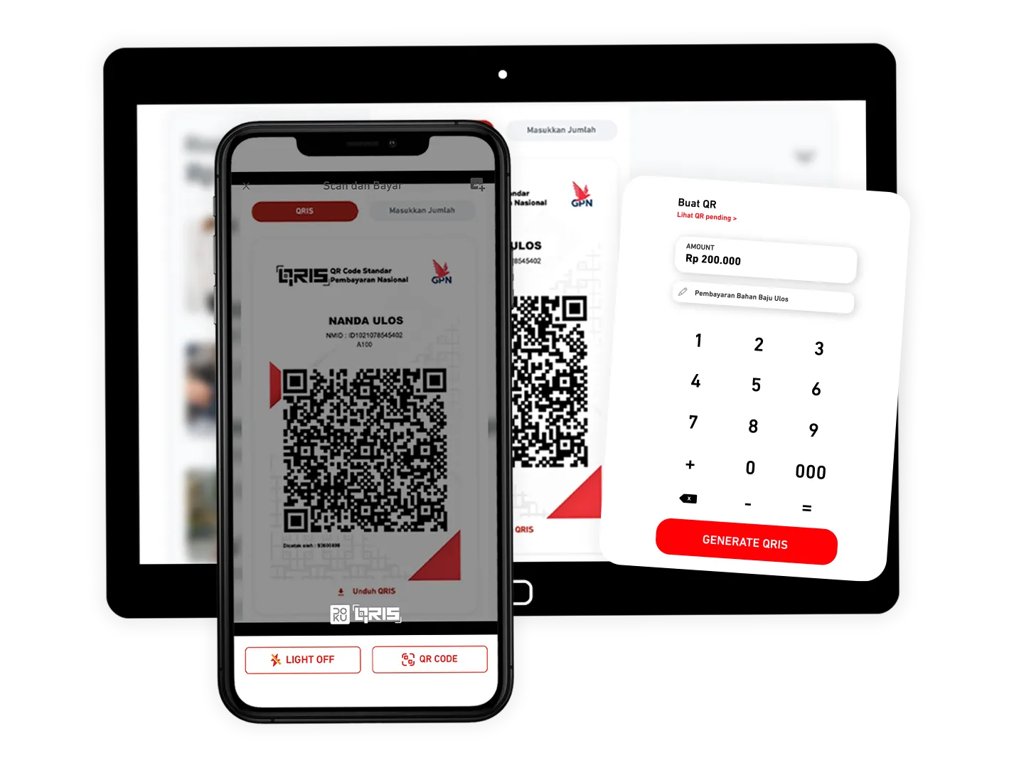 Tampilan telepon dan tablet dengan kode QR pembayaran digital dan antarmuka pembuatan QR Rp 200.000.