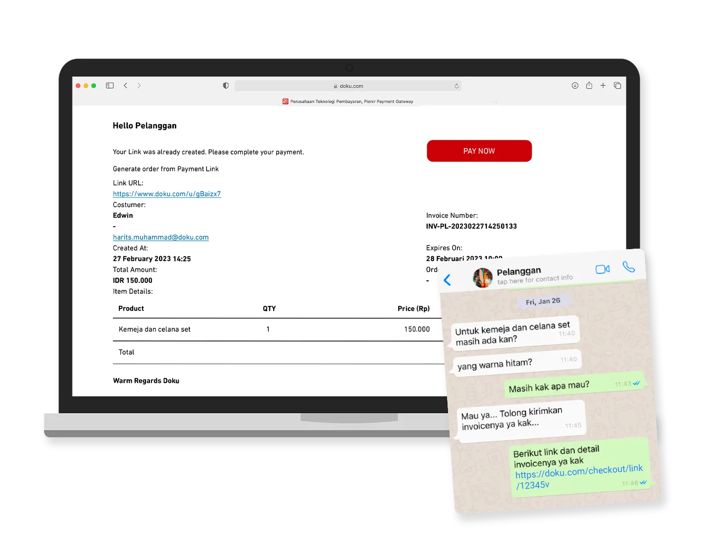 Layar laptop menampilkan tautan pembayaran dan chat pesan terkait pesanan kemeja dan celana set.