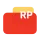 Red wallet with white card displaying initials RP inside a dotted circle on orange background.