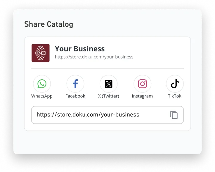 Antarmuka berbagi tautan katalog bisnis dengan opsi WhatsApp, Facebook, X, Instagram, TikTok, dan salin tautan.