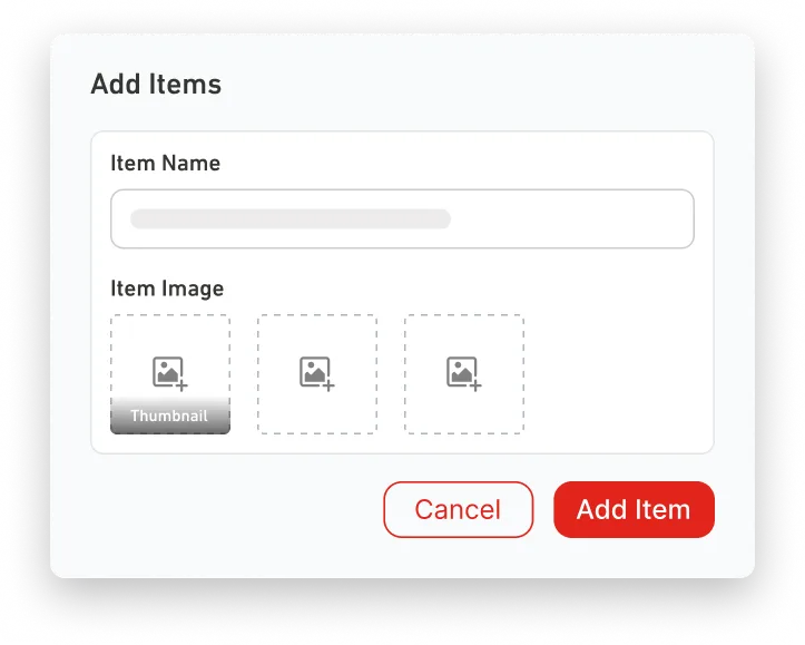 Form to add item with fields for item name and three image upload slots, plus Cancel and Add Item buttons.