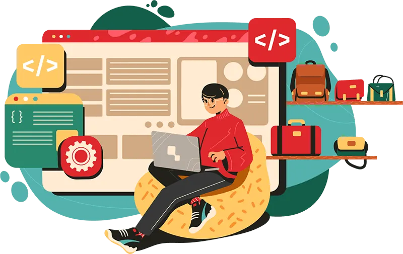 Orang dengan laptop duduk sambil mengkode di depan layar besar dengan ikon pengkodean dan tas di rak.