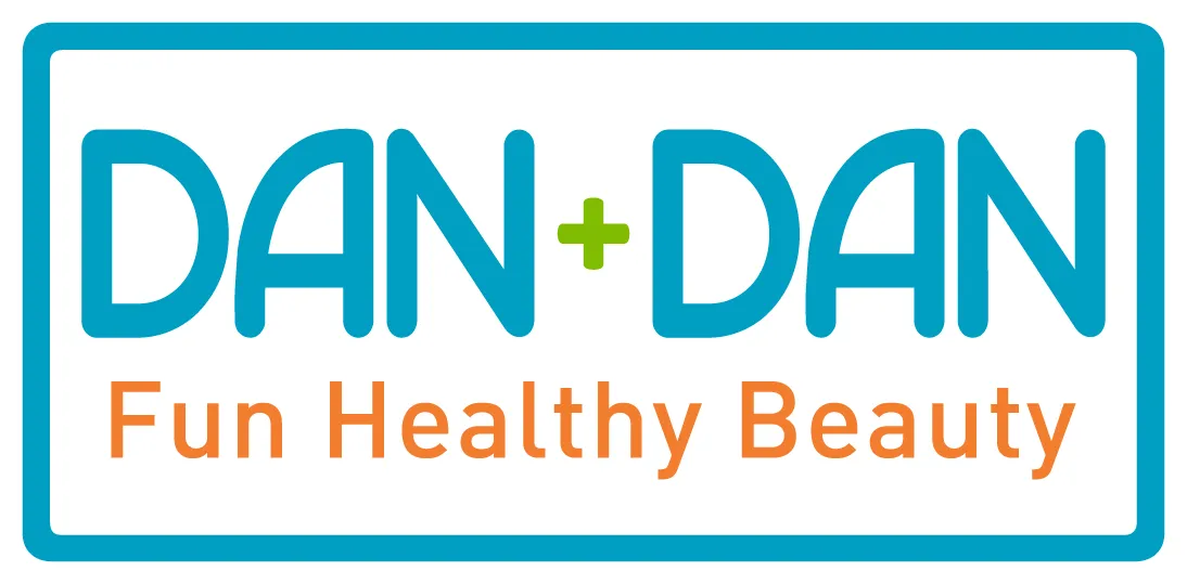 Teks Dan+Dan dengan slogan Fun Healthy Beauty di dalam kotak biru muda.