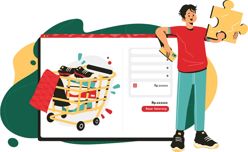 Ilustrasi belanja online dengan keranjang berisi sepatu dan pakaian, tombol bayar sekarang, dan pria pegang potongan puzzle.