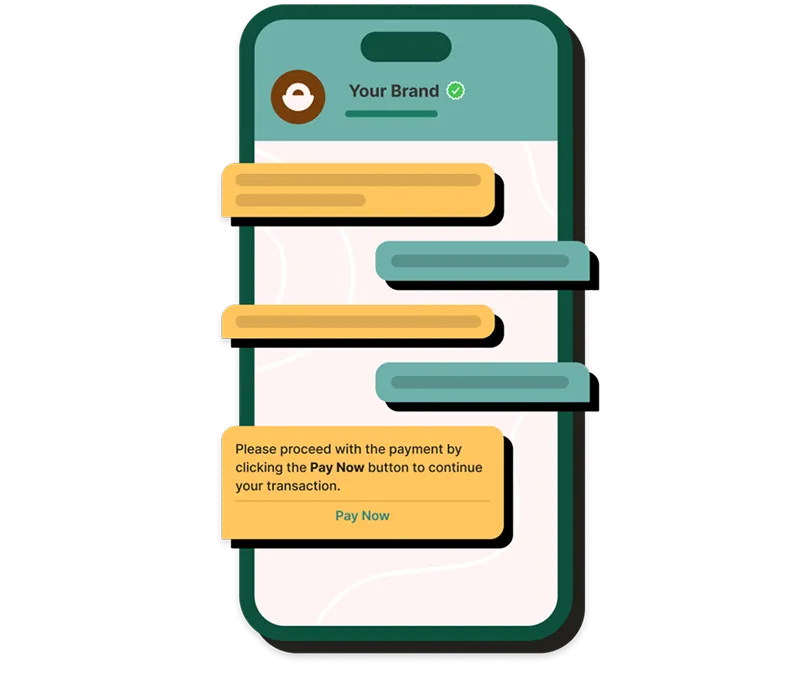 Smartphone screen showing chat with messages and a yellow payment prompt with a Pay Now button.