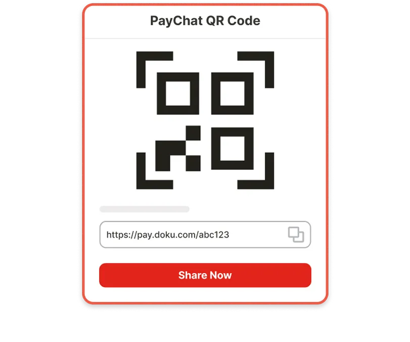 Kode QR PayChat di atas tautan pay.doku.com/abc123 dengan tombol merah bertuliskan Bagikan Sekarang.