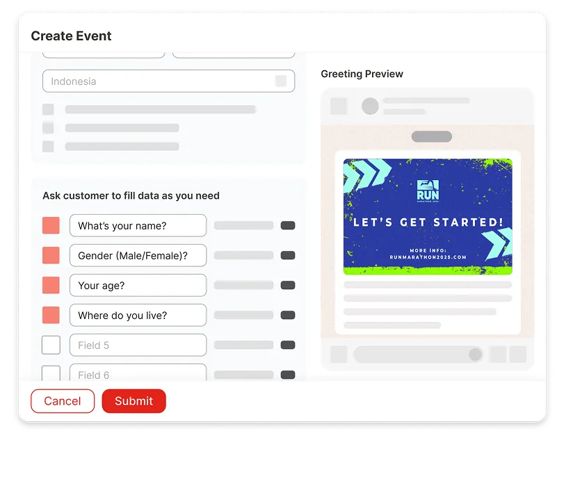Form to create event asking name, gender, age, and location with submit and cancel buttons and preview card.