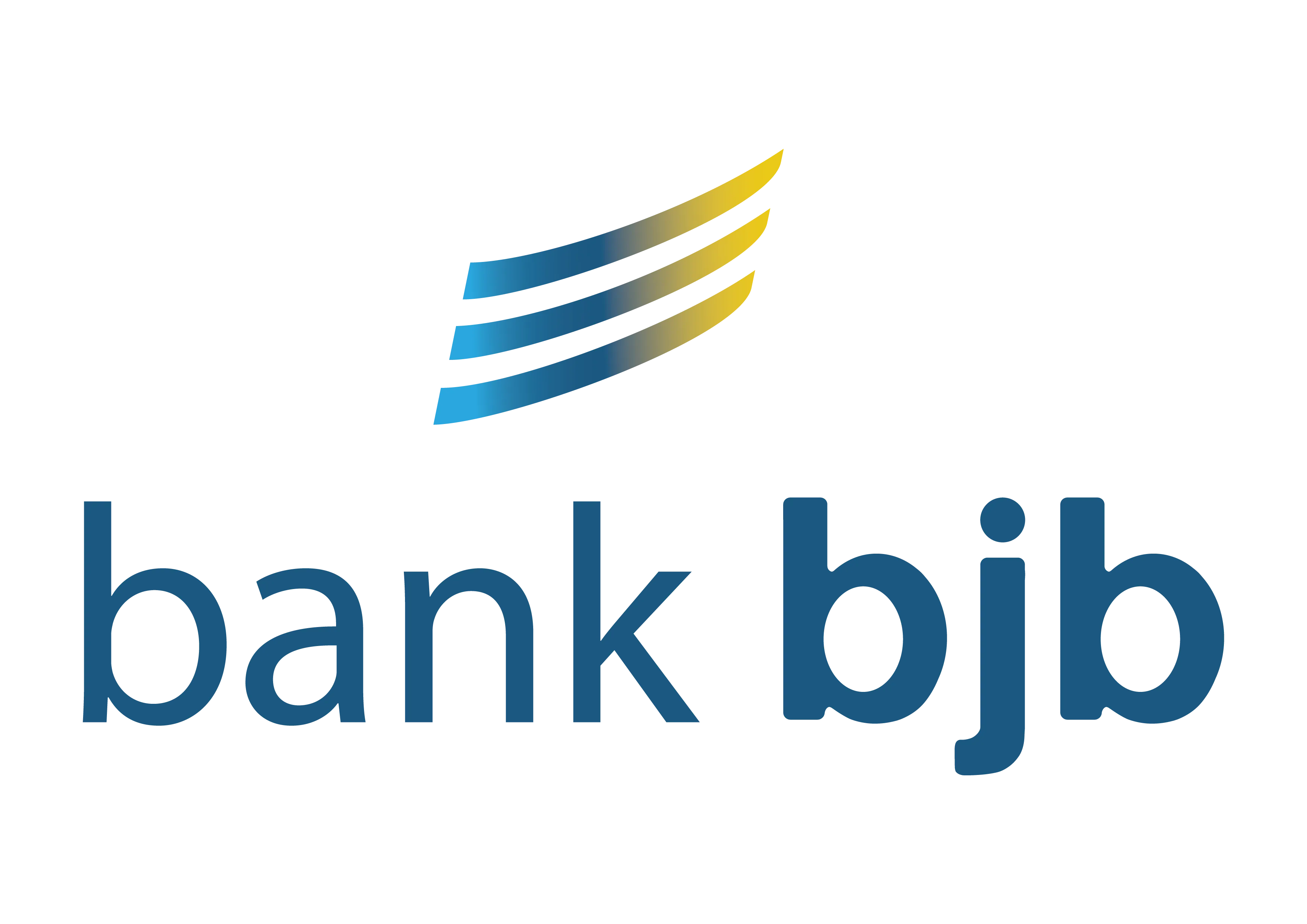 Logo bank bjb dengan tiga garis melengkung bergradasi biru ke kuning di atas teks.