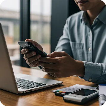 Seseorang menggunakan ponsel untuk pembayaran digital di depan laptop dengan perangkat kartu di meja.